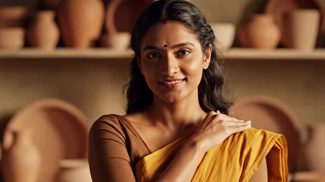 Joyful beautiful indian women portrait in mustard sari and brown blouse, closed eyes, terracotta pottery shelves, gentle smile, artisan studio warmth, cultural lifestyle beauty for premium stock