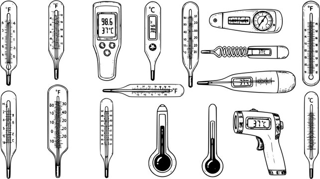 Hand-drawn collection of various thermometer types: traditional mercury, modern digital, infrared gun, and bimetallic designs, essential for temperature measurement.