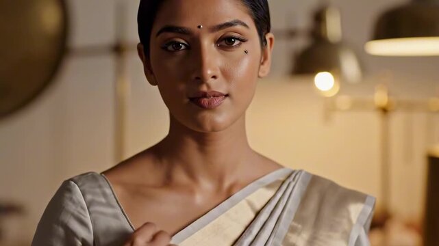 Modern beautiful indian women portrait in silver white sari, black bindi, calm direct gaze, indoor lamp bokeh, clean warm interior, elegant traditional lifestyle beauty for premium stock photo