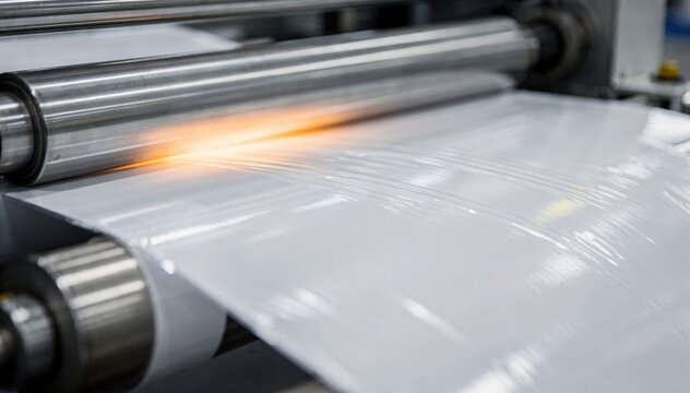 Closeup of a highspeed laminators pressure rollers fusing paper with wide web plastic film highlighting seamless industrial laminating for large format packaging production.