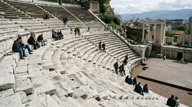 Ancient Roman theater in Plovdiv, Bulgaria, with people sitting on the stone tiers and exploring the historic amphitheater under a cloudy sky.