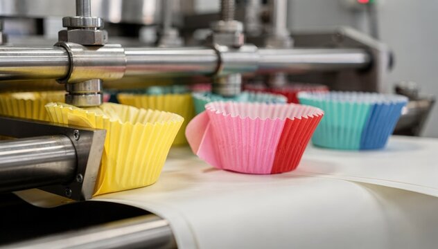 Closeup medium shot of colored paper baking cups being formed on automated equipment showcasing vibrant hues and smooth edges during batch processing.