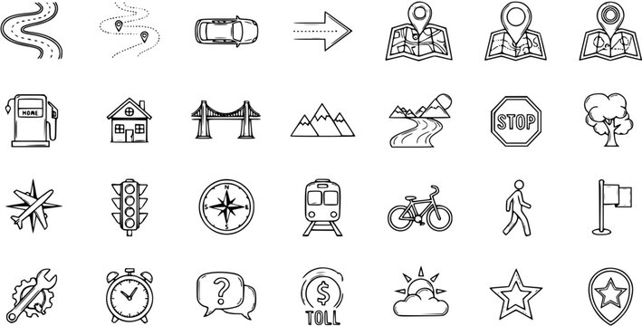 Hand-drawn Doodle Travel and Navigation Icons Set with Road, Car, Map, Nature, and Public Transport Elements - Black and White Outline Sketch Collection