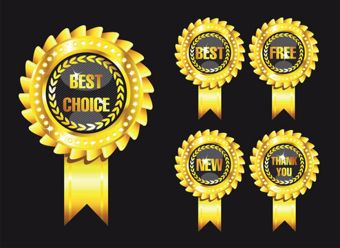 Set of golden rosette ribbons with promotional texts like best choice new free thank you black background