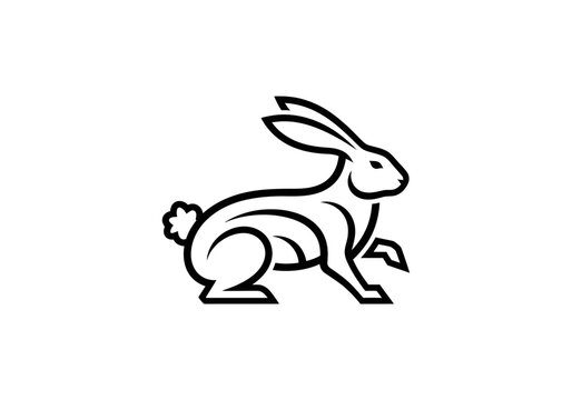 Minimalist black outline jumping rabbit vector on white background