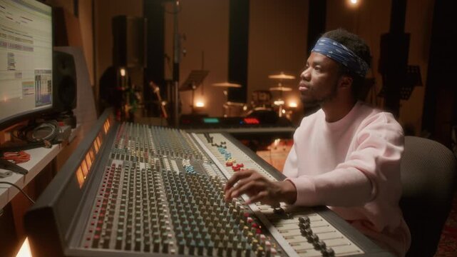 Young Black male sound engineer operating large analog mixing board and looking at computer workstation screen displaying audio editing software in warmly lit recording studio