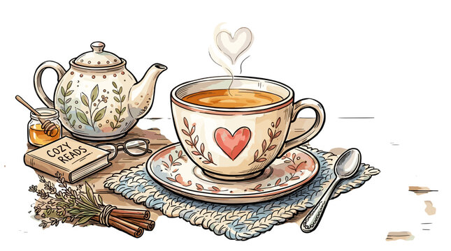 Charming teacup scene with floral teapot and cozy setting