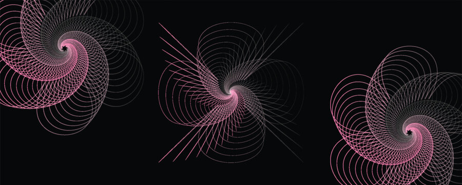 Abstract neon green geometric spiral patterns and intricate wireframe circular shapes on a solid black background. Futuristic digital art vector illustration.