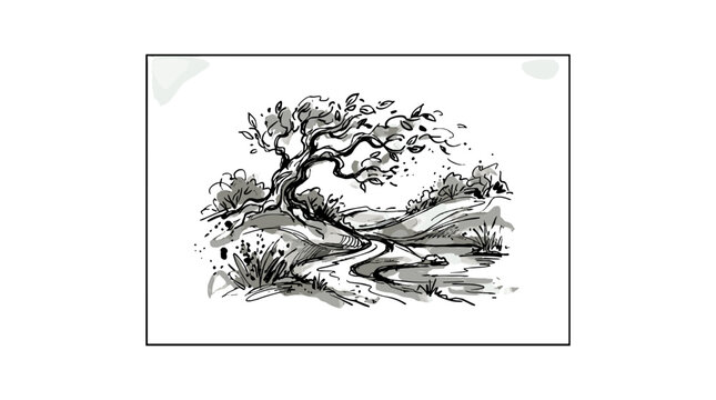Elegant black and white ink drawing of a sprawling tree