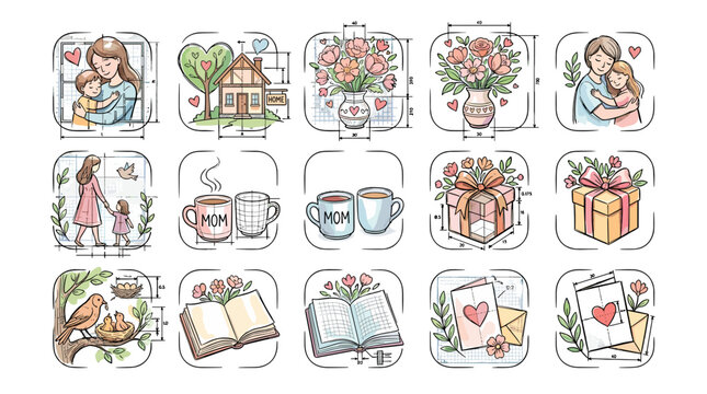 Collection of romantic and cozy illustrations with love themes