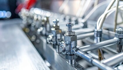 Fototapeta premium Close-up view of multiple industrial stainless steel valves and piping system in a manufacturing facility