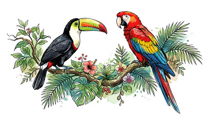 Fototapeta premium Colorful tropical birds perched on lush green branches