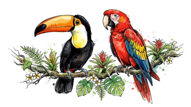 Colorful toucan and parrot perched on lush green branch