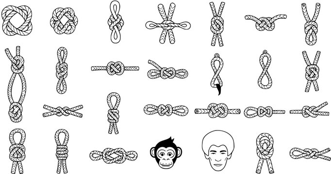 Detailed Vector Set of Various Rope Knots, Hitches, Bends, and Loops in Black and White Line Art, Ideal for Nautical, Climbing, and Outdoor Designs