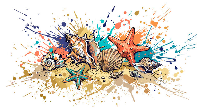 Colorful collection of seashells and starfish on sandy beach