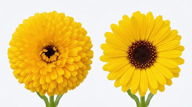 A double flowering and a single flowering calendula flower head isolated against a white background