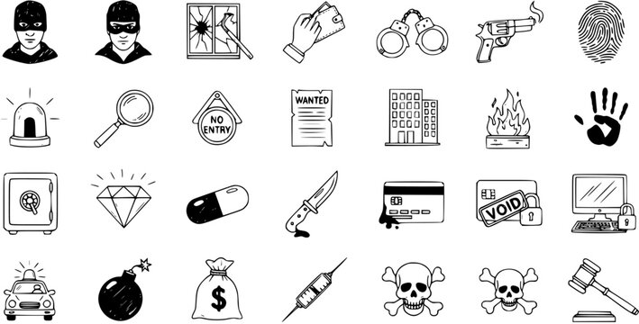 Hand Drawn Crime and Law Doodle Icons Set. Collection of Sketch Illustrations for Criminal Activity, Justice, Security, Danger, and Illegal Concepts.