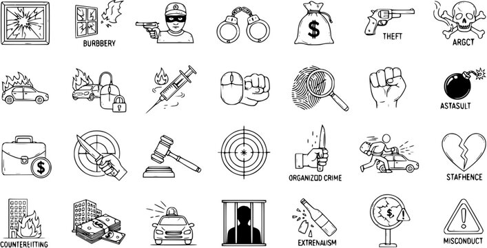 Hand-Drawn Crime and Justice Doodle Icons Set: Law Enforcement, Illegal Activities, Investigation, and Legal Process Symbols