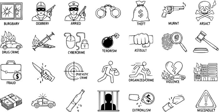 Hand-Drawn Crime and Justice Icons Set. Doodle Vector Collection of Criminal Activities, Law Enforcement, and Legal Concepts with Labels for Design, Education, and Illustration.