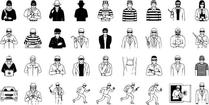 Hand-drawn collection of criminal and law enforcement characters, including robbers, burglars, detectives, police, and crime scenes. Sketch vector illustration set.