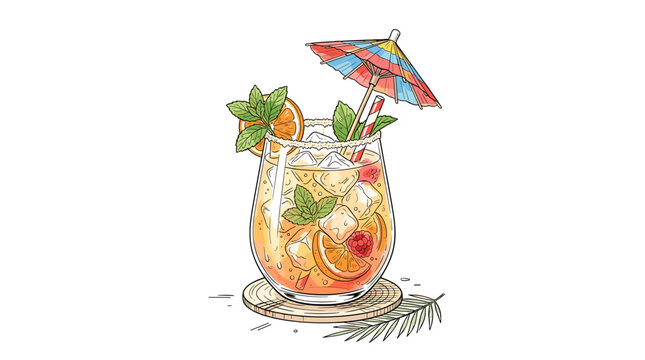 Colorful summer cocktail with umbrella and fresh fruit garnishes