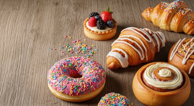 Fresh gourmet pastries with colorful sprinkles and sweet icing sit on a textured rustic wooden surface, creating a cozy and inviting scene, bakery, wood, dough