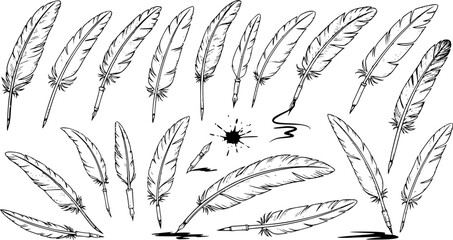Hand-drawn collection of antique feather quill pens, ink splatters, and strokes, black and white sketch illustration for writing, calligraphy, and vintage design. © kulinadsgn