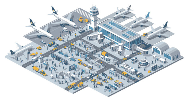 Busy isometric airport terminal with airplanes and ground service vehicles