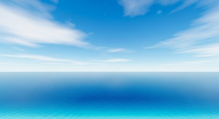 Fototapeta premium An expansive panoramic view of a deep blue ocean stretching toward a distant horizon under a bright sky with soft, wispy white clouds, ocean, peaceful, aquatic