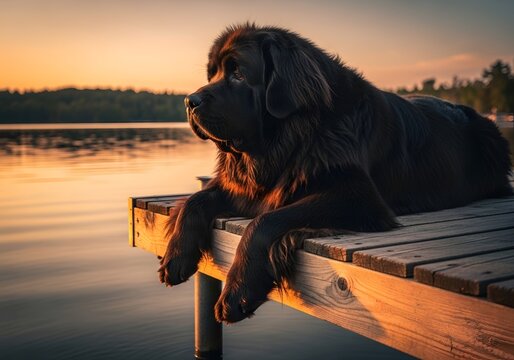 A beautiful black Newfoundland dog resting on a wooden pier at sunset.