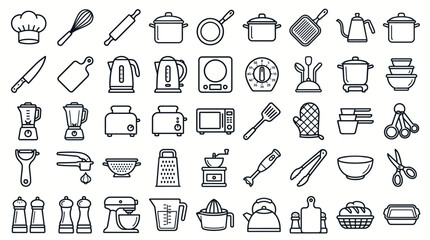 Naklejka premium Extensive kitchenware and food preparation line icons, editable vector for culinary branding.