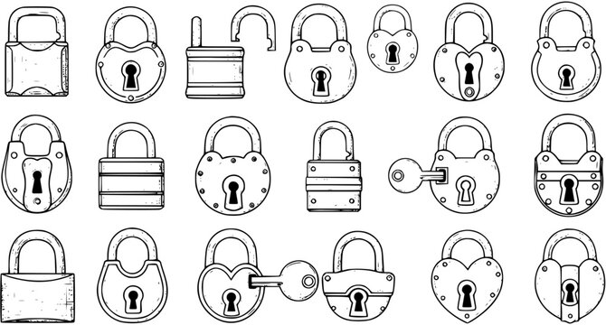 Vintage Locks Collection: Hand-Drawn Padlocks  Keys Line Art