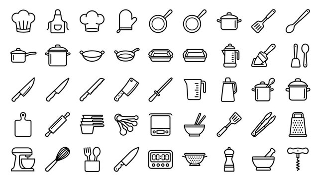 Professional chef tools and kitchenware line icon set, culinary vector elements for menus.