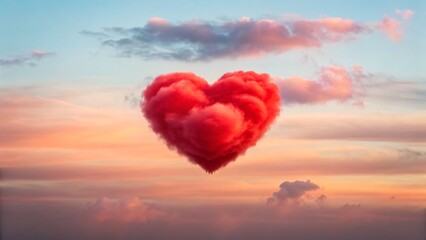 Fototapeta premium Vibrant heart shaped cloud floats serenely in colorful sunset sky