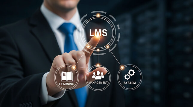 Businessman touching LMS learning management system icons on virtual interface