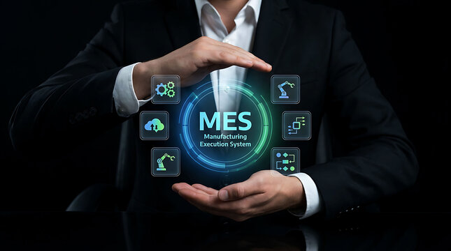 Businessman protecting MES manufacturing execution system icons on virtual screen