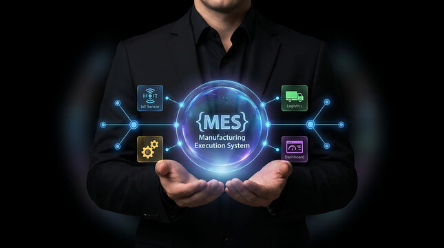 Manufacturing Execution System MES concept with businessman and digital interface
