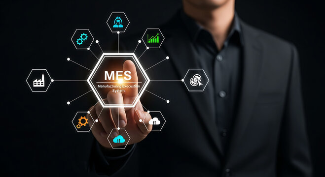 Manufacturing Execution System MES concept with businessman pointing digital icons