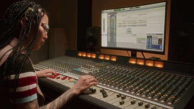 Asian female music producer reviewing digital audio project on computer monitor and operating mixing console while editing tracks in professional recording studio