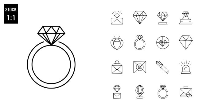 Minimalist Diamond Ring Icon Set: Engagement, Luxury, Jewelry Design Elements