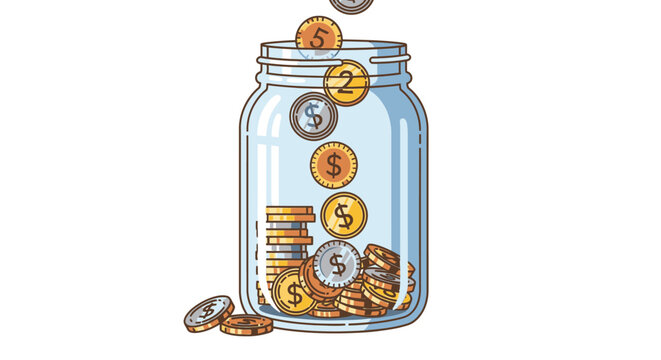 Gold coins falling into glass jar on white background