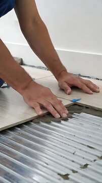 Professional tiler installing large ceramic floor tiles with thinset mortar