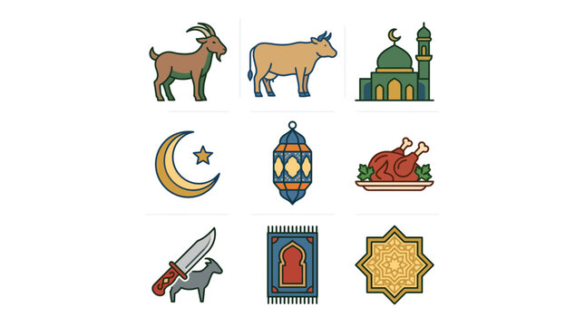 Islamic Icons Set for Eid al-Adha Celebration.