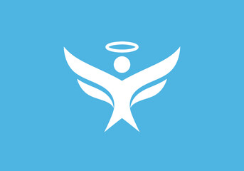 Obraz premium Minimalist white angel icon with wings on blue background