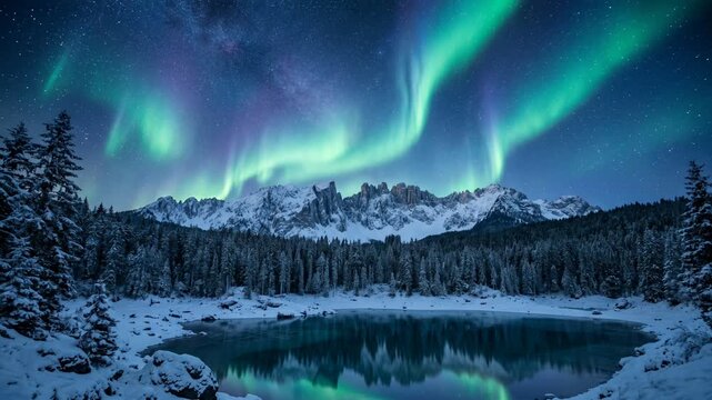 Epic light show of green and pink aurora dancing above a snowy pine forest and a small lake with beautiful reflections at night.