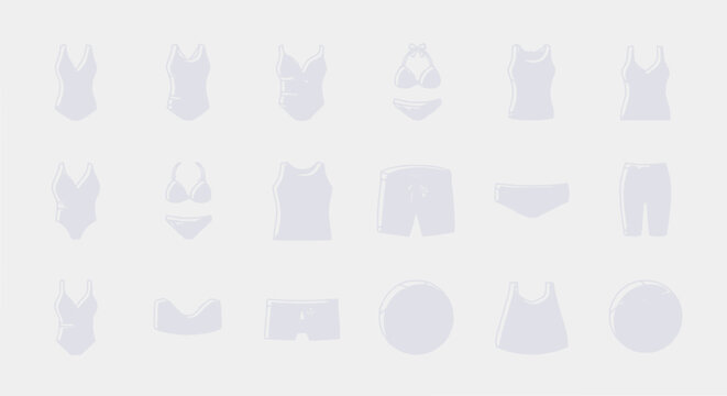 Collection of diverse swimwear icons and silhouettes on a light background, summer fashion set