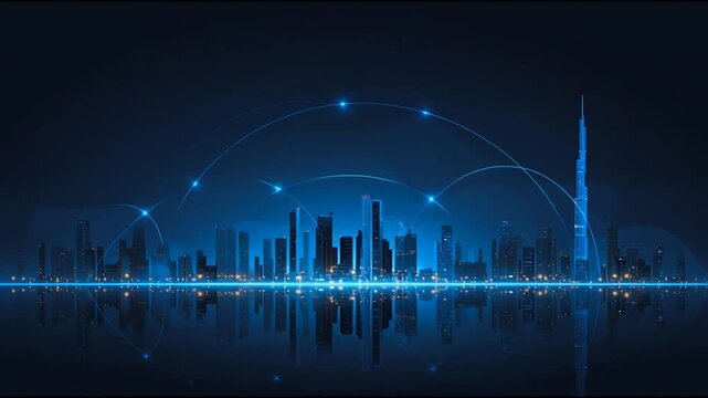 Smart city with connection network reciprocity over the cityscape social media networking systems that connects on the peak of success amid tall, innovative Smart city and graphs with statistics