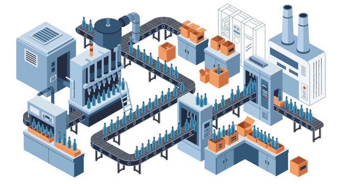 Isometric illustration of an automated beverage bottling factory production line.
