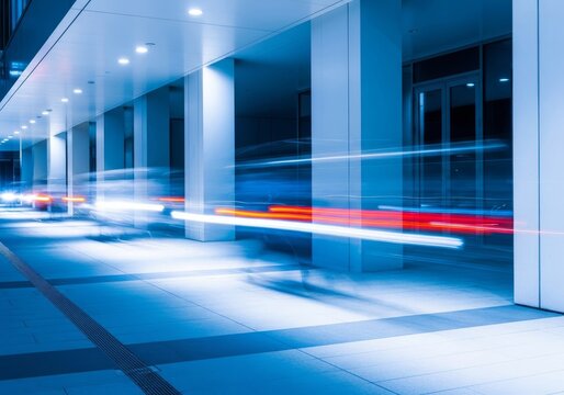 Soft motion blur defines moving shapes along a bright urban sidewalk featuring clean blue and white tones and minimalist sleek architecture, reflection, pavement, azure