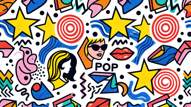 Vibrant pop art pattern featuring colorful icons and bold shapes